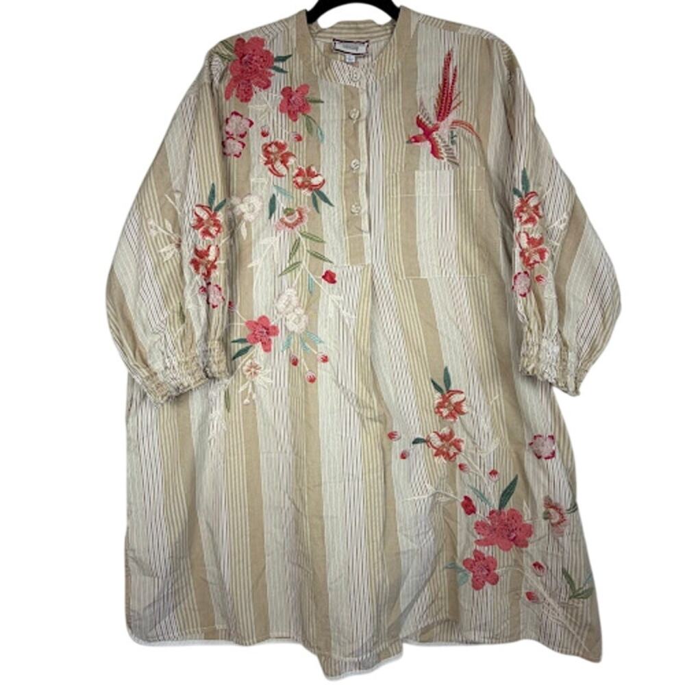 Johnny Was Workshop XL Sandy Stripe Beige Floral Bird Embroidered Cotton Dress